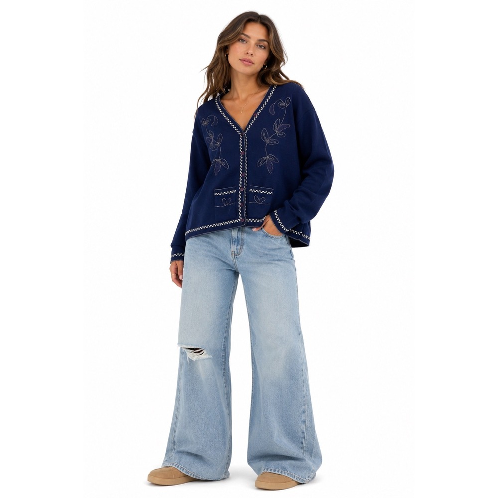K.Deepak Cardigan Womens L Navy Blue Embroidered Whipstitch V-Neck Cottagecore